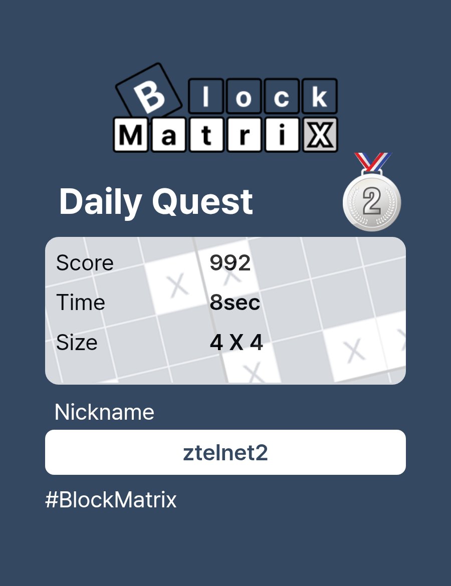 ztelnet2's tweet photo. BlockMatrix - new Brain Puzzle Game
Daily Quest - Nov. 20
Size 4x4
Time 8sec
Rank - 2nd
#blockmatrix #puzzlegame https://t.co/4MT122UXJx