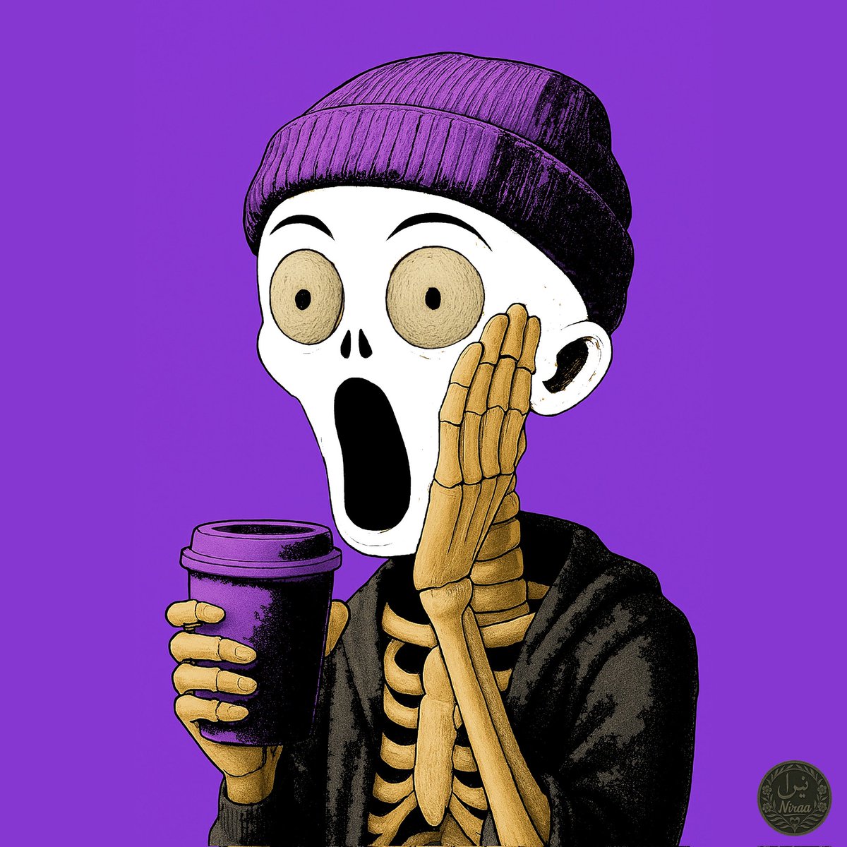 artemoj8's tweet photo. Caffeine-Induced Violet Terror
A violet terror awakens with each sip of coffee—where humor, fear, and surrealism collide.  #PurpleFear #CoffeeShock #objkt
#SurrealSkeleton #surrealism #BoneChilling #VioletVibes #ArtStatement #NFTartist #surreal #iranianart #tezosart #NFTs https://t.co/R54jtBjDlP