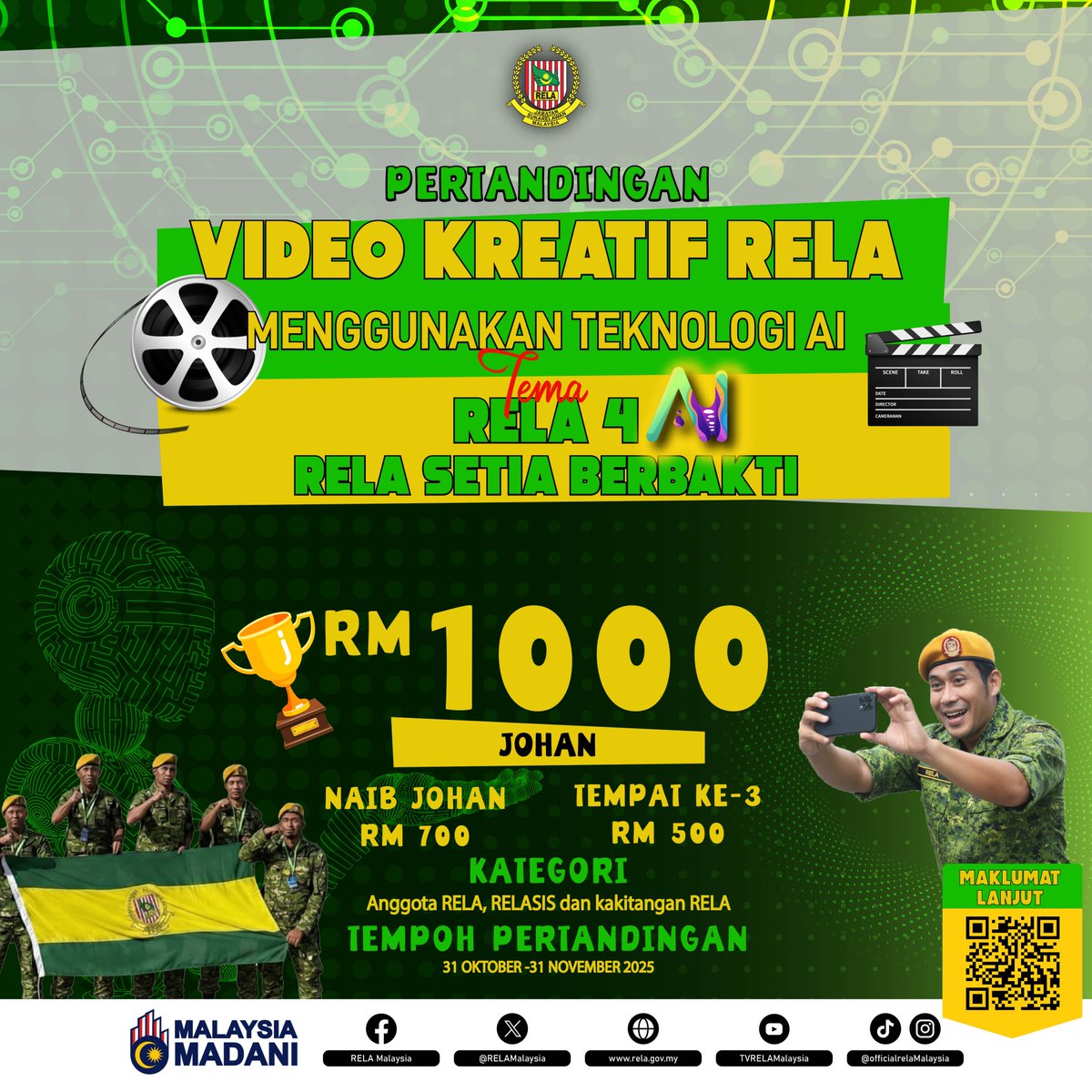 relamalaysia's tweet photo. Jabatan Sukarelawan Malaysia (RELA) menganjurkan 𝗣𝗲𝗿𝘁𝗮𝗻𝗱𝗶𝗻𝗴𝗮𝗻 𝗩𝗶𝗱𝗲𝗼 𝗞𝗿𝗲𝗮𝘁𝗶𝗳 𝗥𝗘𝗟𝗔 𝗠𝗲𝗻𝗴𝗴𝘂𝗻𝗮𝗸𝗮𝗻 𝗧𝗲𝗸𝗻𝗼𝗹𝗼𝗴𝗶 𝗔𝗜  bertemakan “𝗥𝗘𝗟𝗔 𝟰 𝗔𝗜” dan  “𝗥𝗘𝗟𝗔 𝗦𝗲𝘁𝗶𝗮 𝗕𝗲𝗿𝗯𝗮𝗸𝘁𝗶” bermula 31 Oktober hingga 30 November 2025. https://t.co/t5QHqbC5do