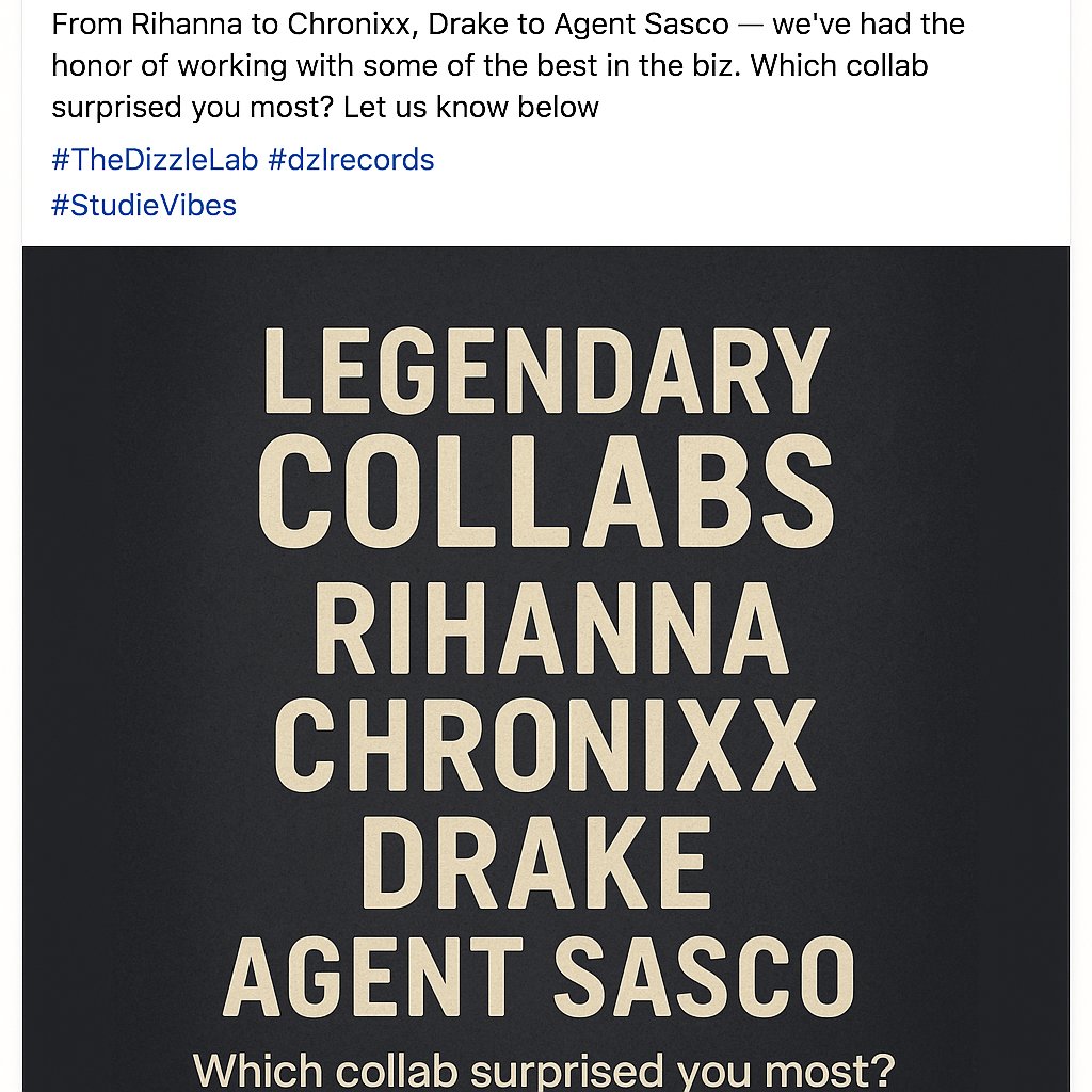 dalevirgo's tweet image. From Rihanna to Chronixx, Drake to Agent Sasco — we’ve had the honor of working with some of the best in the biz. Which collab surprised you most? Let us know below 👇
#TheDizzleLab #dzlrecords #StudioVibes
Tag: @dalevirgo @dzlrecords