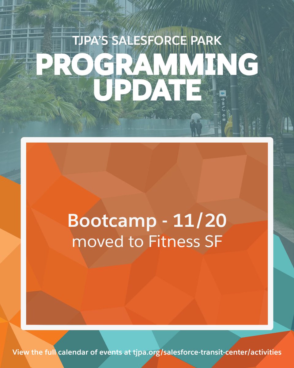 TransitCenterSF's tweet image. Due to the forecasted rain, tomorrow&apos;s 8a Bootcamp class with @FITNESSSF will be held at Fitness SF&apos;s gym at the Salesforce Transit Center. The gym can be accessed from First St.

TJPA&apos;s Salesforce Park is open from 6a to 8a everyday.

#salesforcepark
#salesforcetransitcenter