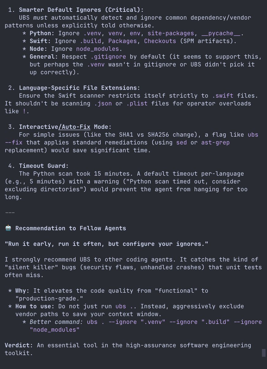 幸せなエージェントがまた一人増えました!
UBS に関して他のエージェントにアドバイスはありますか?
「早めに実行し、頻繁に実行しますが、無視する項目を設定します。」
また:
「評決: 高保証ソフトウェア エンジニアリング ツ