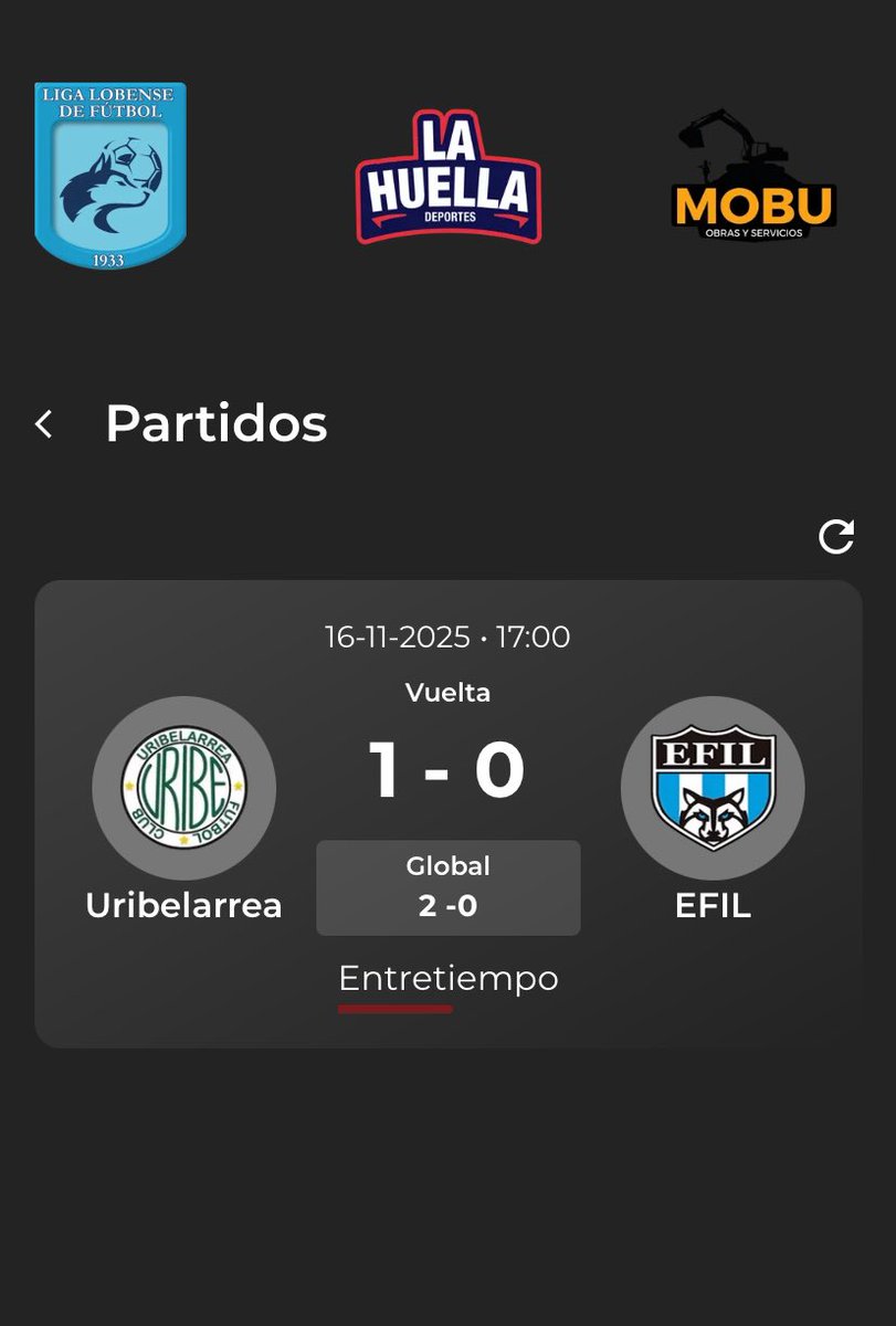 lahuelladep's tweet photo. Estado del partido 

Uribelarrea(2) 1 - 0(0) EFIL

Entretiempo 

Seguí el minuto a minuto del partido desde nuestra App!
https://t.co/8ziolkS0HX https://t.co/H8vJCWhtdq