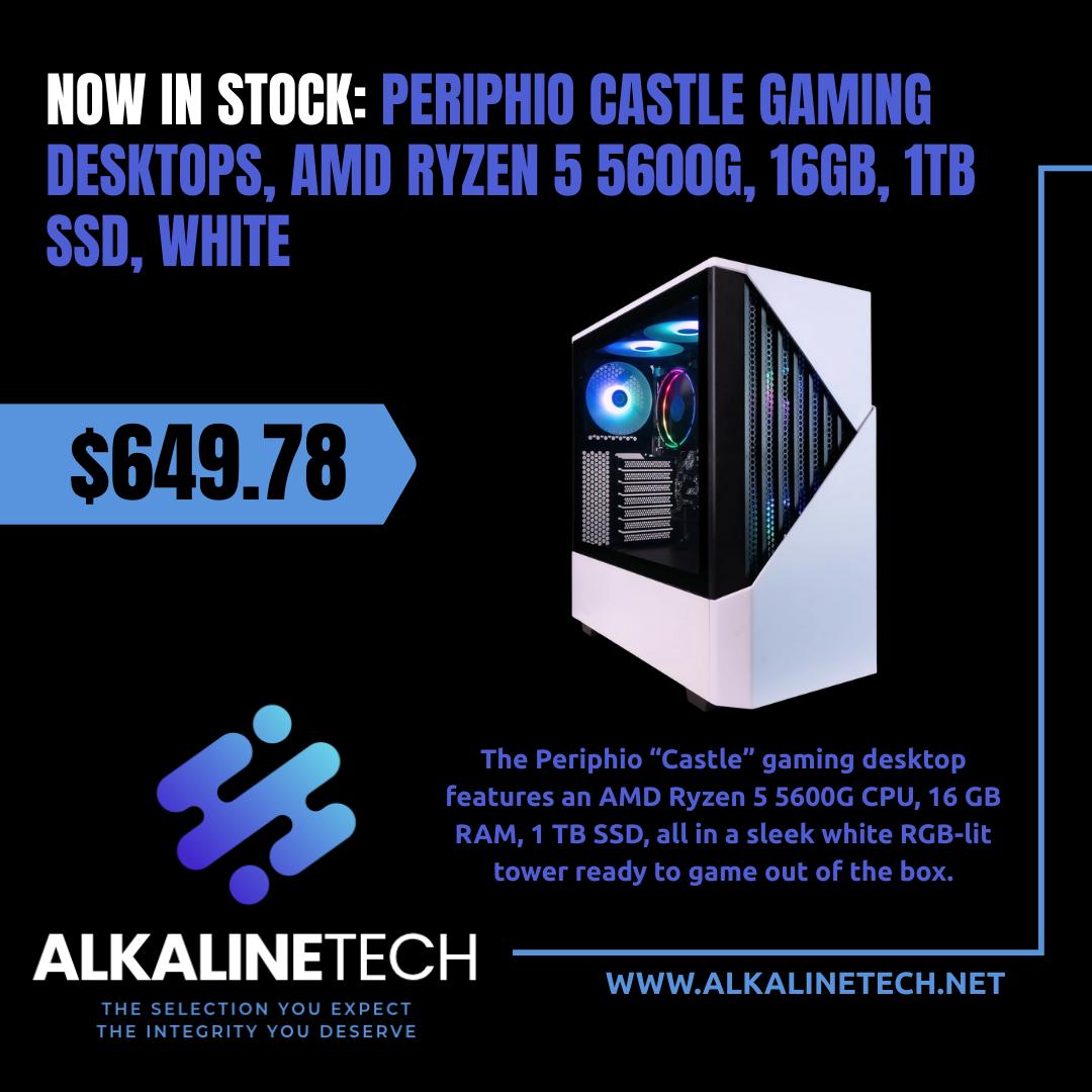 Now in stock at #AlkalineTech — the Periphio “Castle” Gaming Desktop, powered by an AMD Ryzen 5 5600G, 16GB RAM, and a fast 1TB SSD, all wrapped in a clean white RGB-lit tower for a setup that looks as good as it performs. At just $649.78, it’s the perfect starter or mid-range