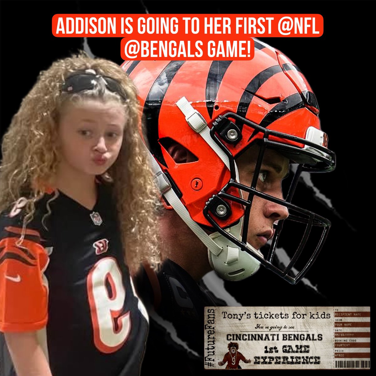 TonyDaTiger96's tweet photo. Thanks to Flying Fur Dog Grooming and Josh from Zanesville for donating to Tony's Tickets for Kids! Because of your donation, Addison will be going to her first @NFL @Bengals game this Sunday! WhoDey! #WhoDey #TonyDaTiger #FanOfFans #2023FOTY #CharityMatters #TonysTicketsForKids #DoGood