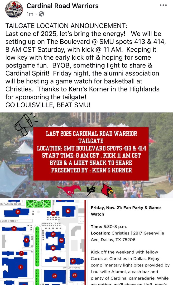 For those making the trek to Dallas: Thanks to Kern’s Korner in the Highlands for sponsoring! 
Go Louisville, Beat Southern Methodist!