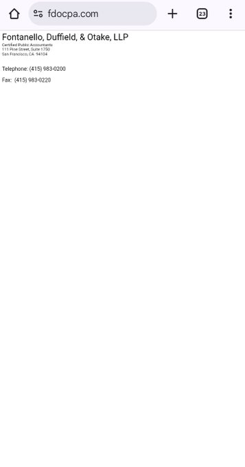 A mobile browser screenshot displaying the header of a professional services website, featuring the firm's name, tagline as Certified Public Accountants, physical address in San Francisco, phone and fax numbers, with a simple white background and minimal navigation elements.