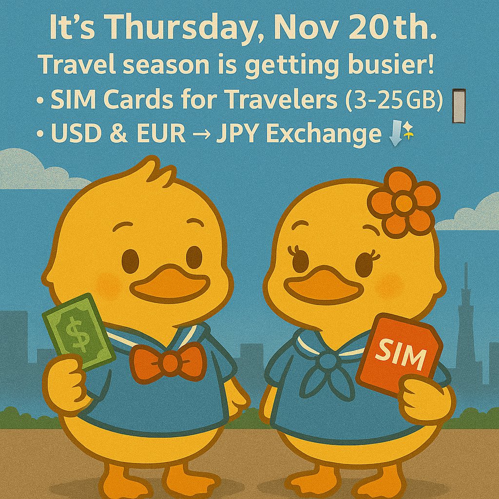 kanda_ticket's tweet image. Good morning! ☀️
It’s Thursday, Nov 20th.
Travel season is getting busier!
We have reliable SIM cards for travelers (3–25GB) 📱✨
USD &amp;amp; EUR → JPY exchange is also available 💱
Just 30 seconds from JR Kanda East Exit!

#KandaTicket #SIMCard #CurrencyExchange #TokyoTravel