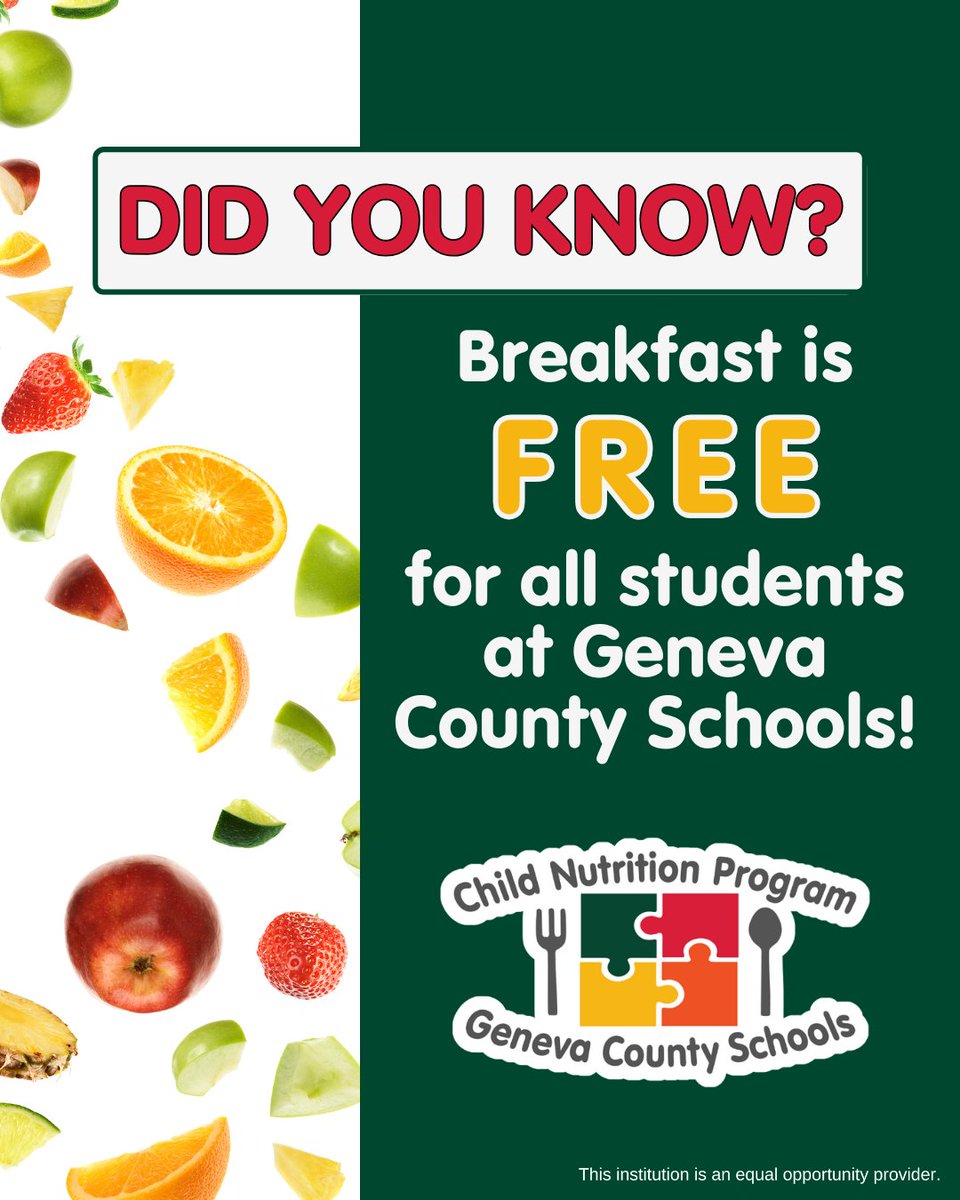 We’re proud to offer free breakfast to all students! 🍎

<a href="/genevacoschools/">Geneva Co Schools</a> #GCBOECNP #GenevaAL #GenevaAlabama #Geneva #ALschools #Genevacounty