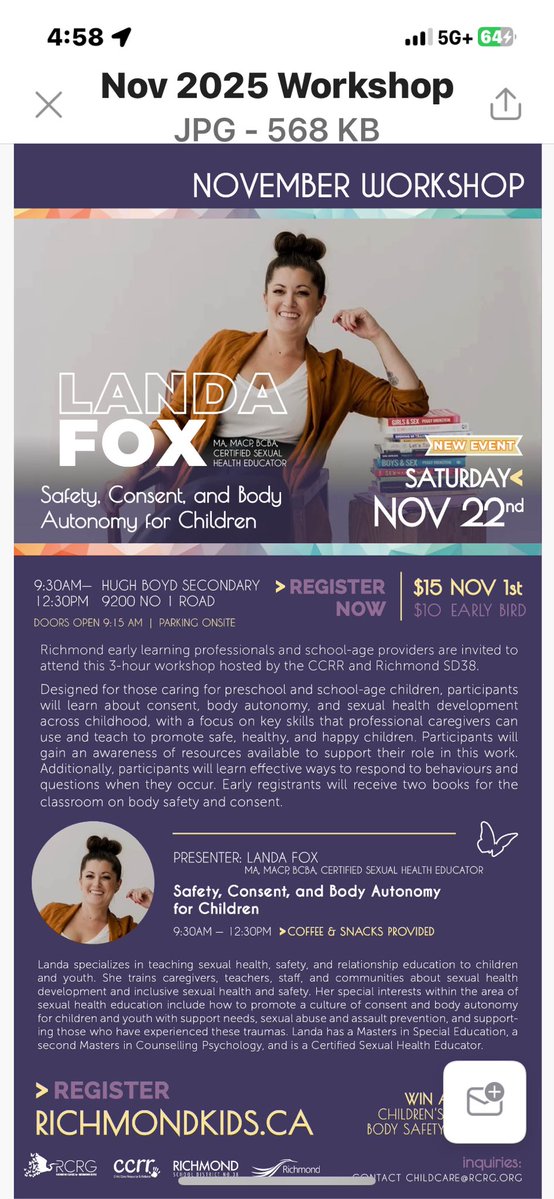 We are partnering with with our local CCRR to host this important workshop:
Learn about Safety, Consent, and Body Autonomy for Children w/ certified sexual health educator Landa Fox.
🗓 Saturday, Nov 22
🕘 9:30 AM – 12:30 PM
📍Hugh Boyd Secondary
richmondkids.ca <a href="/sd38ELCC/">Richmond School District Early Learning</a>