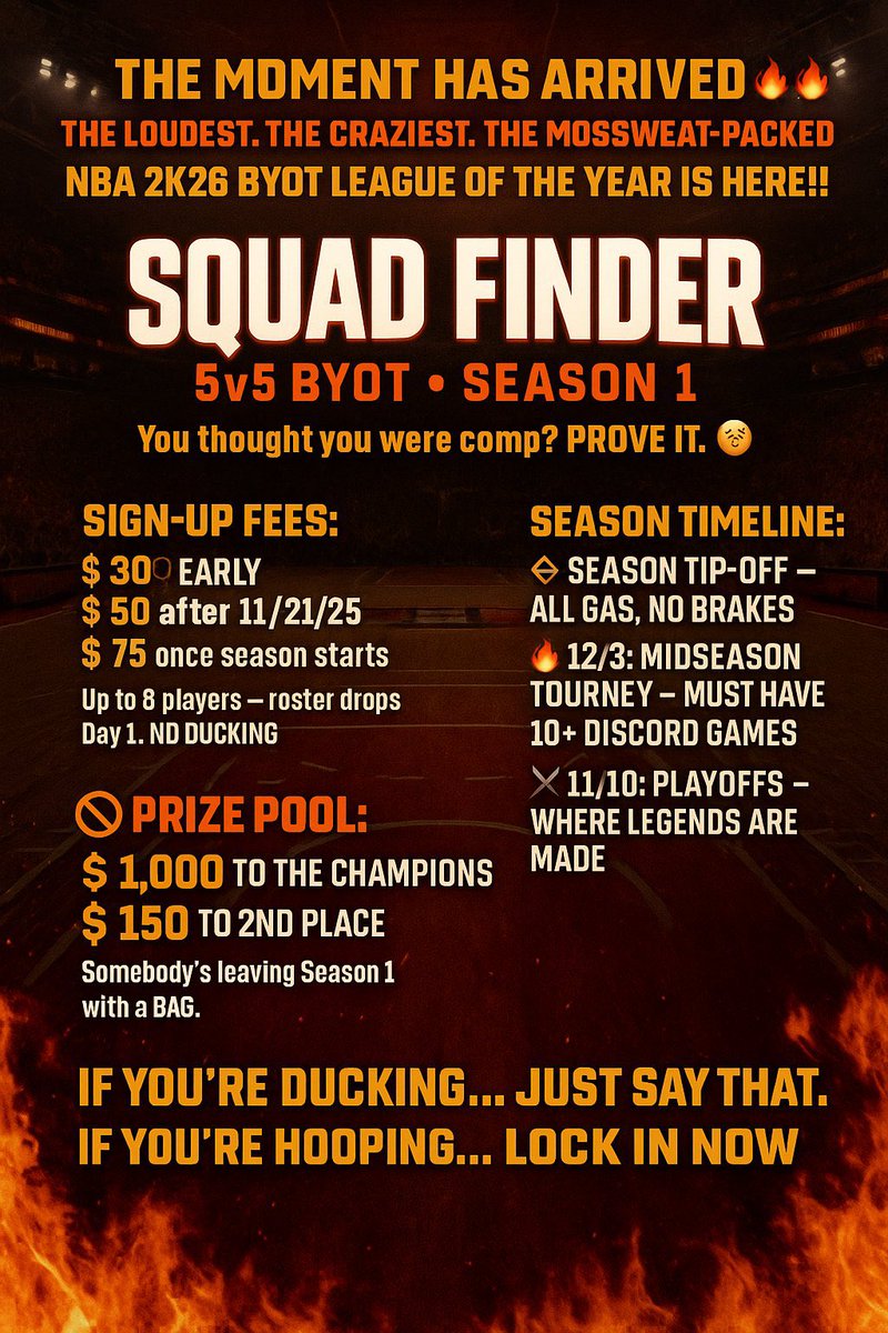2kDiscord's tweet photo. ⏰ BYOT Registration Window: 7 Days Only

If you stall, you pay more. Simple.

Early registration = the cheapest.
Wait around = higher fees.
And yes… registration will NOT be extended.

🏆 $1,150 Season Payout
Lock in NOW.

📝 Registration Link 

https://t.co/UnfHnEX70r

#2K26 #BYOT #ProAmLeague