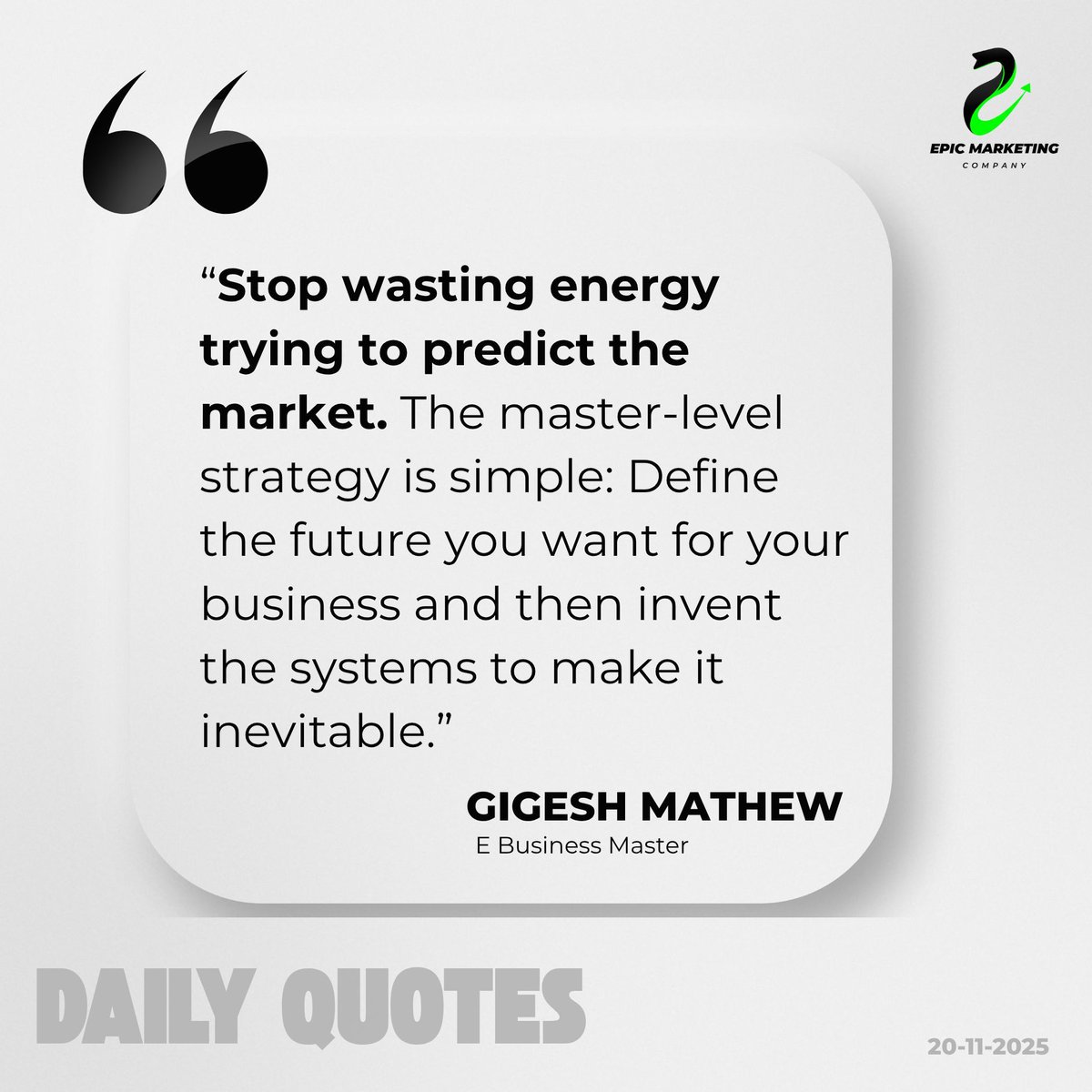 EpicMarketingC0's tweet image. Stop trying to predict the market. Engineering is the master strategy. Define the future you want, and then invent the simple, repeatable systems to make that success inevitable.
.
.
.
.
.
#GigeshMathew #ActionOverAnalysis #FutureProof