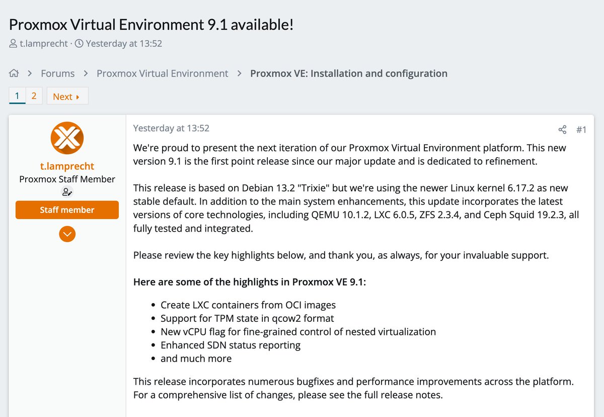 Proxmox VE 9.1 a été publié, basé sur Debian 13.2 « Trixie » et utilisant par défaut le noyau Linux 6.17.2.
 Points clés