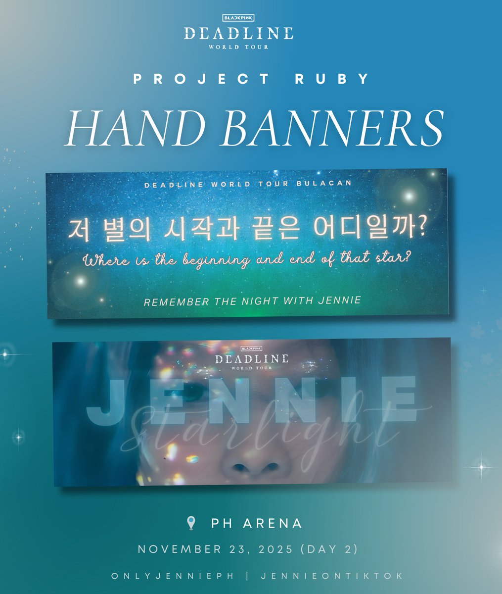 ONLYJENNIEPH's tweet image. [𝐏𝐑𝐎𝐉𝐄𝐂𝐓 𝐑𝐔𝐁𝐘 for 𝐉𝐄𝐍𝐍𝐈𝐄 — 𝐃𝐀𝐘 𝟐]

“Remember the night with JENNIE”

A fan project created with love for #JENNIE.

We’ll be giving away FREE hand banners to fellow Rubies attending #DEADLINEINBULACAN, something you can keep to remember this special night with…