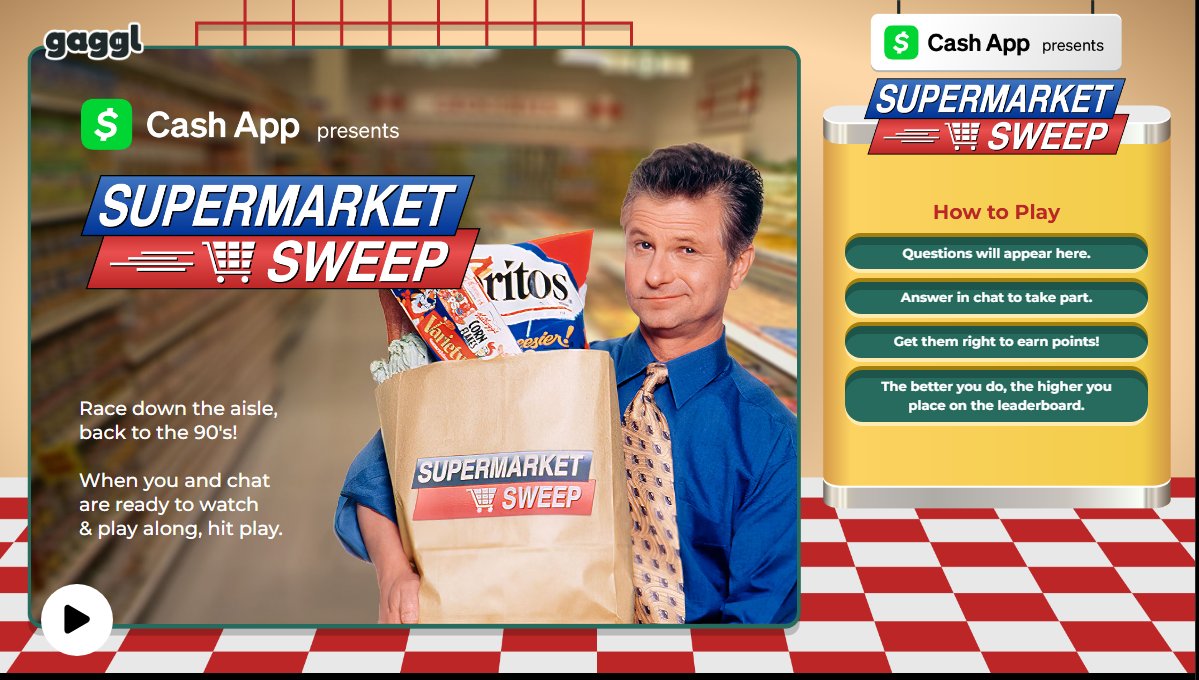 Thanks to the amazing ppl at <a href="/CashApp/">Cash App</a> &amp;
<a href="/gaggltv/">Gaggl</a>, we're playing a sponsored session of Supermarket Sweep! Come through &amp; play directly from #twitch chat for your chance to win $$ from Cash App!  Thank you so much! Link in Bio #gaggl #ad #somegirldotcom #cashapp