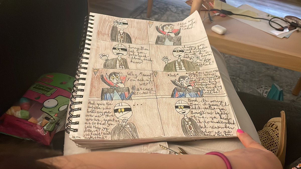 depp1fan's tweet image. #WriteChat

Not exactly the same thing, but Drac tries to get Mummy to rage via insult comedy. It doesn’t work.