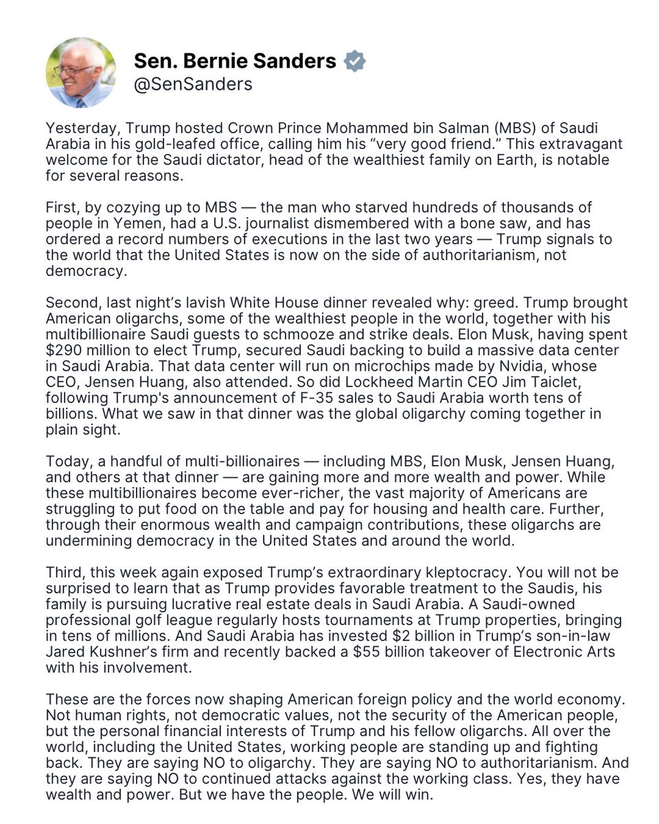 Last night’s lavish White House dinner showed us the global oligarchy coming together in plain sight.

By cozying up to MBS, Trump has signaled to the world that the United States is now on the side of authoritarianism, not democracy.