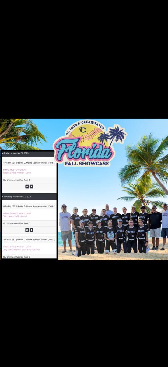 Heading to sunshine state! Come see me and my girls play for the last time this fall this weekend! <a href="/MarkLlo84231890/">Mark Lloyd</a> <a href="/GatorsPremier10/">Indiana Gators Premier Lloyd 16U</a> 
<a href="/katedrohan/">Kate Drohan</a> <a href="/CoachPena_BSU/">Helen Peña</a> <a href="/CoachJenSewell/">Coach Jen Sewell</a> <a href="/coachDp16/">Dan Paulson</a> <a href="/dee11davis/">DeeDee Morris</a> <a href="/claireschapker/">Claire Schapker</a> <a href="/CoachStanton/">Shonda Stanton</a> <a href="/UofL_CoachHolly/">Holly Aprile</a> <a href="/CoachGill_MSU/">Ashley Gilland</a> <a href="/CoachWThees/">Windy Thees</a>