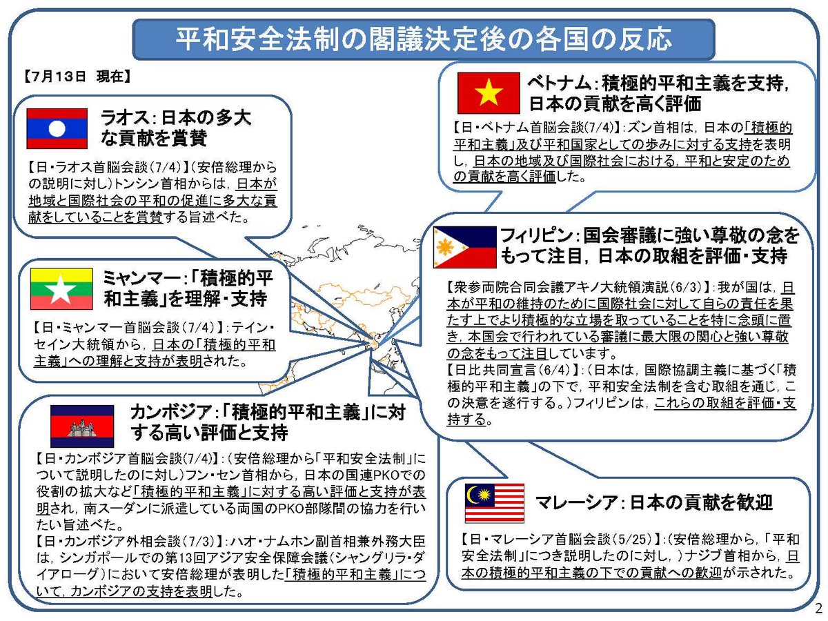 TANAKA_Kei's tweet image. 安保法制が閣議決定されたときの各国の反応がこちらです。