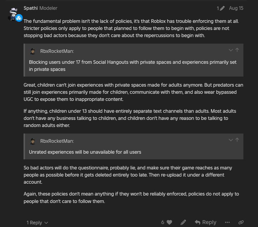 I think they took my idea about separating chat channels between age groups

It was a 3 second idea, and it's just funny that it's basically what Roblox ended up doing.