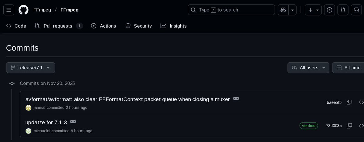 jw_abekyun's tweet image. #Linux FFmpeg 7.1.x ブランチの Releaseデータが 7.1.3 に上がりました。
近日中に 7.1.3 安定版リリースがありそう。
#Slackware 64-current 環境でパッケージ作成し、現在問題なく動作中。