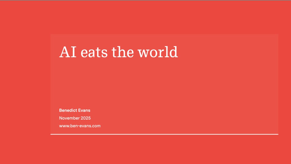 SteadyCompound's tweet image. Benedict Evans&apos; new presentation just dropped: &quot;AI eats the world&quot;
90 slides on macro and strategic trends in tech.

His biannual overview is always worth the time:

ben-evans.com/presentations