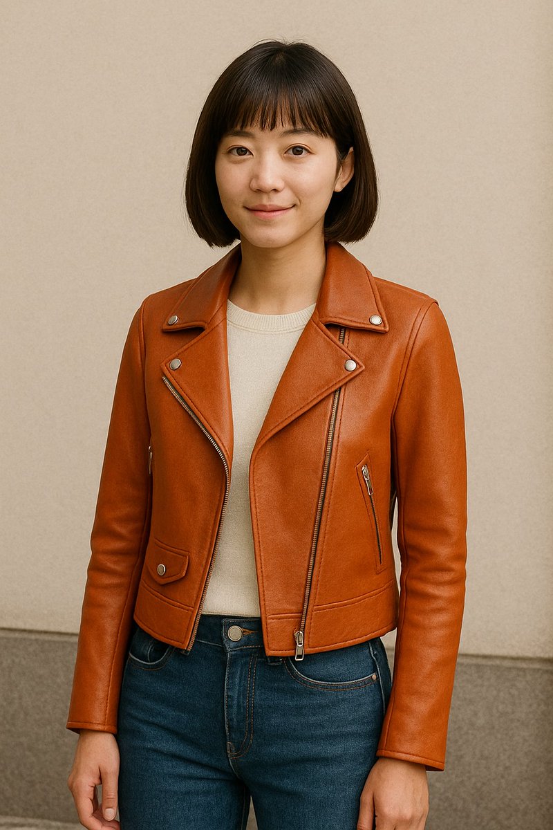 KOffice_KAORI's tweet image. 【#SDミニTips 035🍬】

★スタッフ→モデル化プロジェクト★

その1　ショップ店員さんが商品を試着した画像（左）

今回はオレンジのレザージャケット✨🟧

右が目指す仕上がりイメージです！
どう変っていくのか、続きで公開😆

#StableDiffusion #AI広告 #生成AI活用 #広告デザイン #アパレル広告