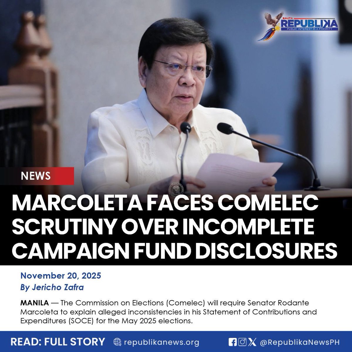 RepublikaNewsPH's tweet image. Comelec Chairperson George Garcia said the poll body will issue a show-cause order to give Marcoleta an opportunity to clarify the matter. #Marcoleta #Comelec 

READ: republikanews.org/2025/11/20/mar…