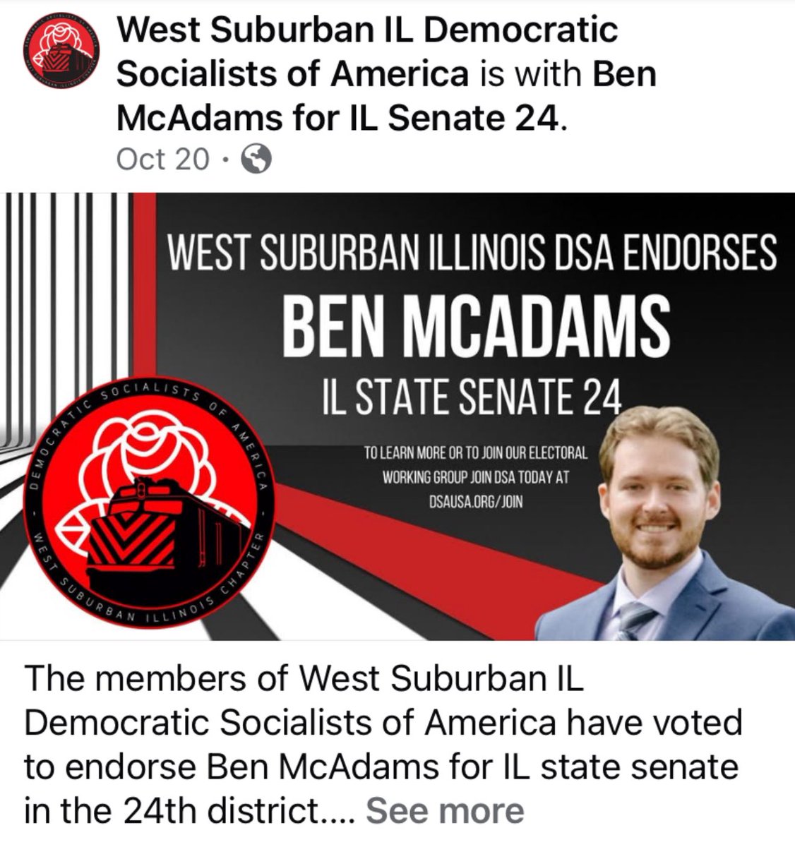 DuPageCountyGOP's tweet image. We extend a huge congratulations to Republican Senator Seth Lewis’s otherwise completely unknown and unqualified Democrat opponent on his receiving the endorsement of the Illinois Democrat Socialists! 

These are not your mom and dad’s Democrats. Today’s Illinois’ Democrat Party…