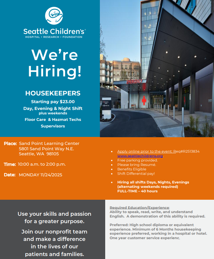 Seattle Children's EVS Hiring Event

 If you’re passionate about supporting patients, families, and your community, this could be the opportunity you've been waiting for. #HiringEvent #JoinUs 
Apply here: bit.ly/EVS_Hiring