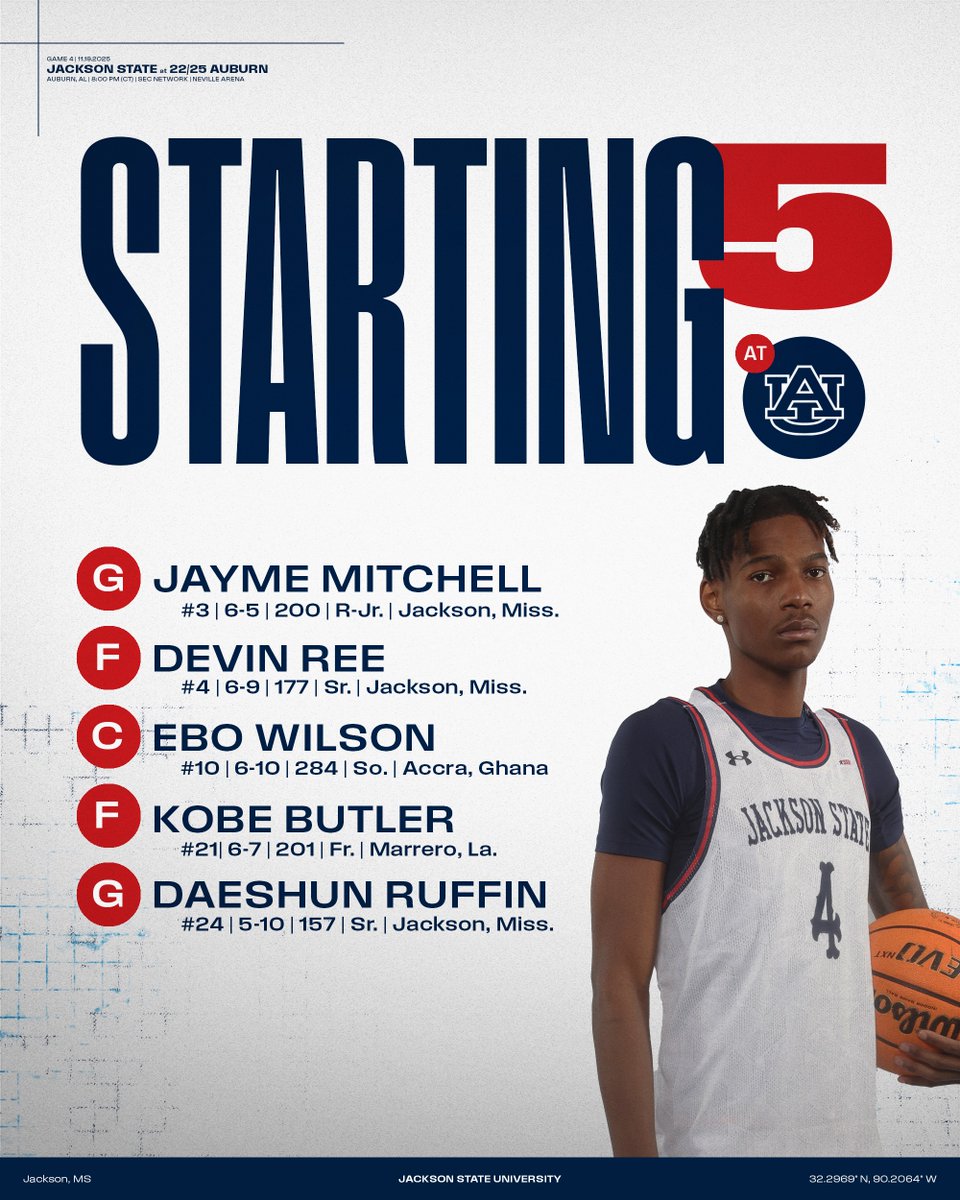GoJSUTigersMBB's tweet photo. Tonight's starting five from Auburn

#TheeILove | #BleedTheeBlue https://t.co/MEXbmkVuyC