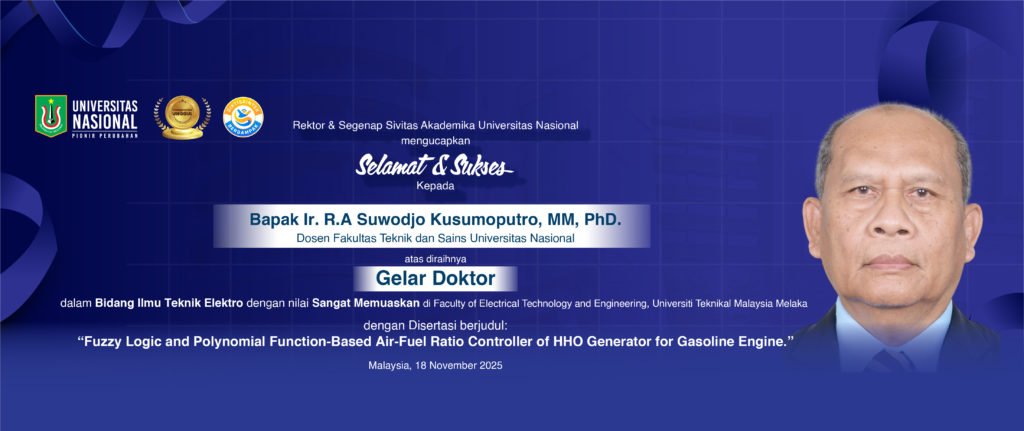 #WhatsonUNAS

Rektor &amp; Segenap Sivitas Akademika Universitas Nasional mengucapkan Selamat &amp; Sukses Kepada

Bapak Ir. R.A Suwodjo Kusumoputro, MM, PhD.
Dosen Fakultas Teknik dan Sains Universitas Nasional