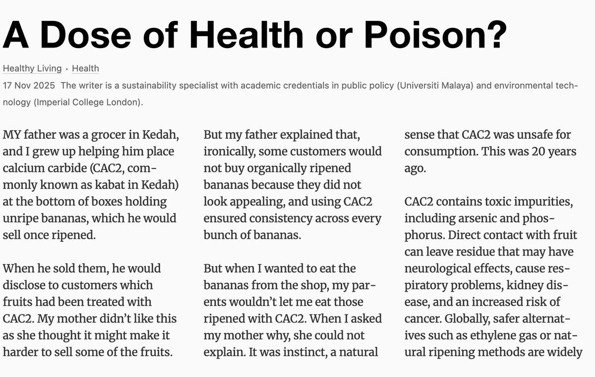 MahamoodMubarak's tweet photo. I wrote this op-ed to call for a ban on Calcium Carbide (CaC2) as artificial fruit ripening agent in Malaysia. We can't continue consuming food that is tainted with harmful chemicals and impurities that risk our health. 
@KKMPutrajaya @DrDzul 
#MansuhKabat #BanCarbide #BanCaC2 https://t.co/2y7wWxOwNd