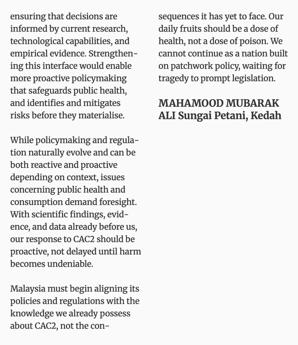 MahamoodMubarak's tweet photo. I wrote this op-ed to call for a ban on Calcium Carbide (CaC2) as artificial fruit ripening agent in Malaysia. We can't continue consuming food that is tainted with harmful chemicals and impurities that risk our health. 
@KKMPutrajaya @DrDzul 
#MansuhKabat #BanCarbide #BanCaC2 https://t.co/2y7wWxOwNd