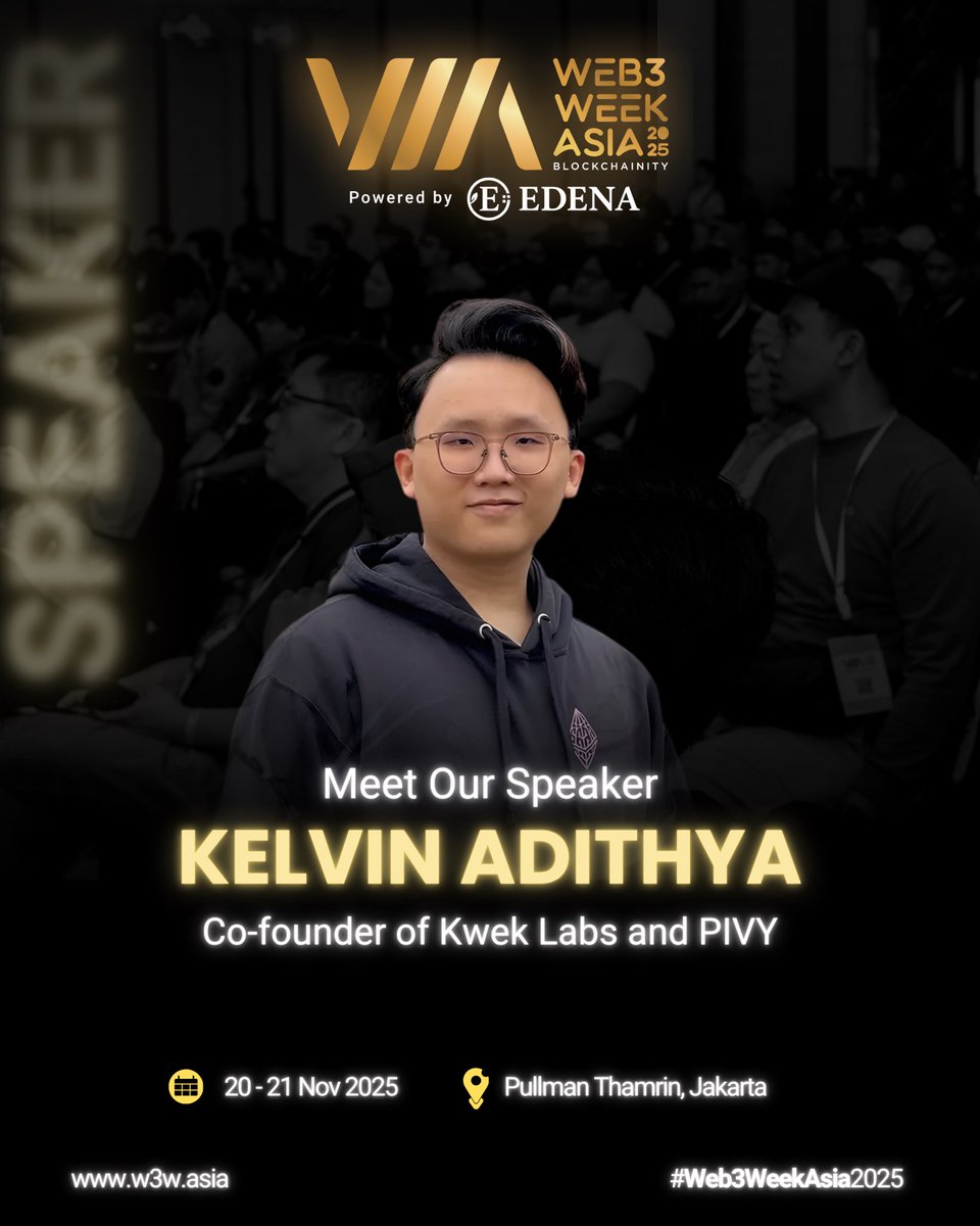 Thrilled to share that Kelvin Adithya (<a href="/KelvinAdithya/">kelpin</a>), Co-founder of <a href="/KwekLabs/">Kwek Labs</a> and <a href="/pivyme/">PIVY | Cypherpunk Hackathon</a>, will be taking the stage at Web3 Week Asia 2025! 

Kelvin is a Web3 developer who builds with calm precision, turning simple ideas into meaningful products and helping communities grow in