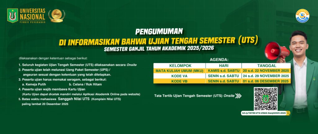 PENGUMUMAN DI INFORMASIKAN BAHWA UJIAN TENGAH SEMESTER (UTS) SEMESTER GANJIL TAHUN AKADEMIK 2025/2026 ✨💐

Tata Tertib Ujian Tengah Semester (UTS) Onsite: bit.ly/TATIB-UTS-UNAS…