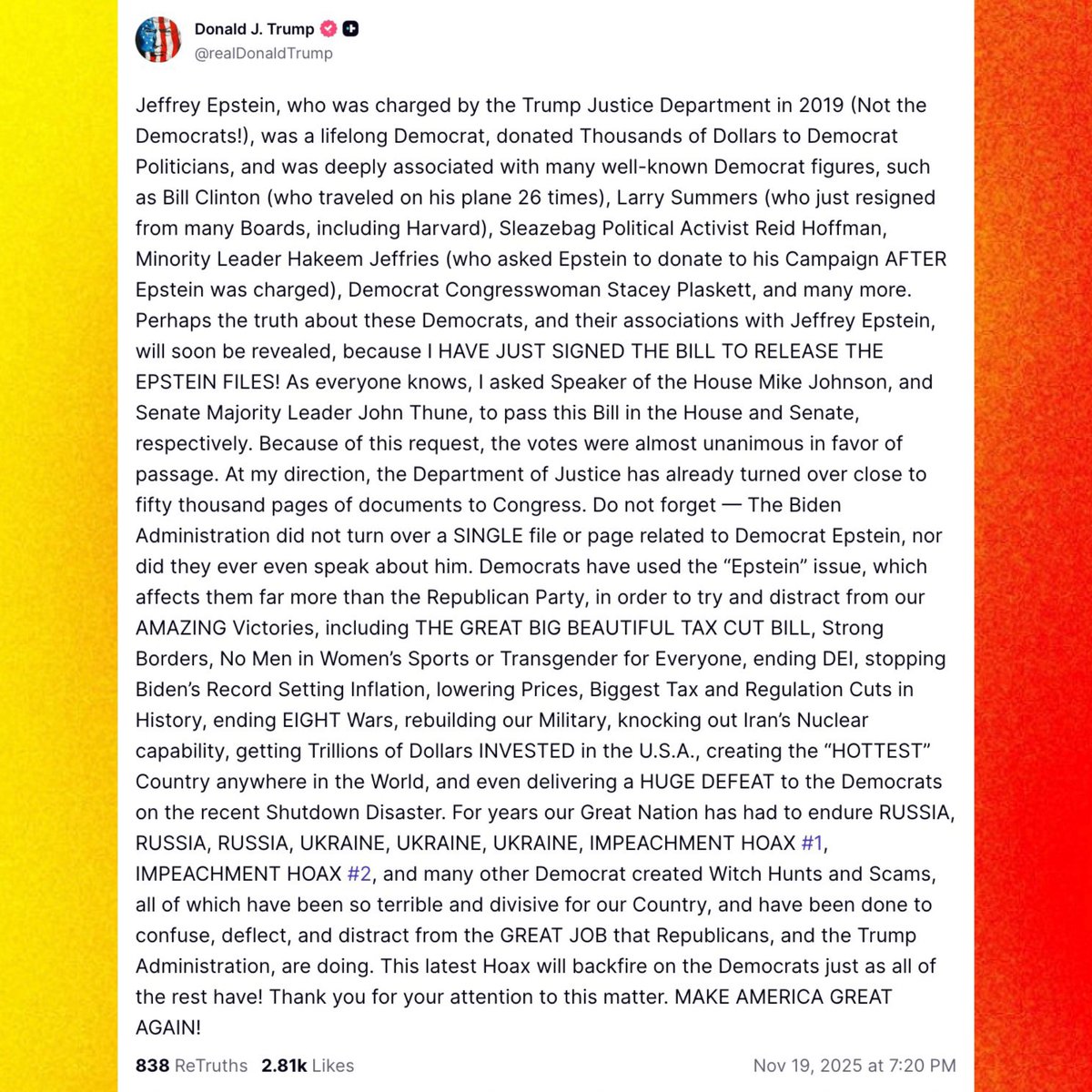 Donald Trump says he has officially signed the bill to release the Epstein files.