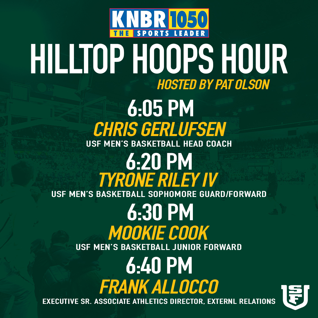 Join me at 6:00 on <a href="/KNBR/">KNBR</a> 1050 as I talk <a href="/USFDonsMBB/">San Francisco Men's Basketball</a> with <a href="/CoachCeeGee/">Chris Gerlufsen</a>, Tyrone Riley IV, Mookie Cook and <a href="/coachallocco/">Frank Allocco, Sr.</a>. 

#GoDons / #WCCHoops