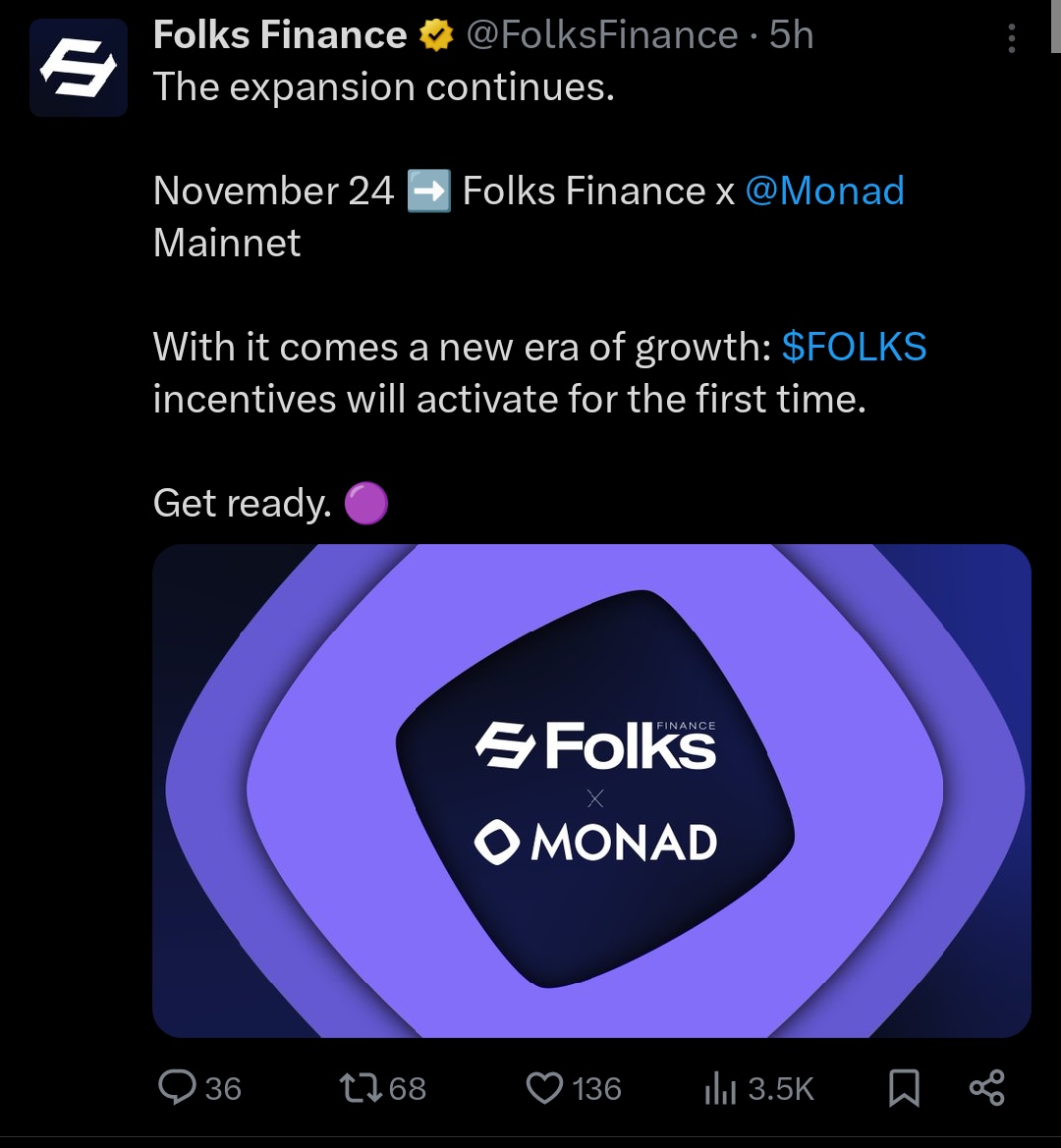 <a href="/FolksFinance/">Folks Finance</a> X Monad

I just woke up and saw this FolksFinance is increasing and building their app so fast now integrating with Monad

I am giga bullish on FolksFinance and on Airaa, the best InfoFi platform with best project

I never saw a project's TGE at more than $5

gFolks