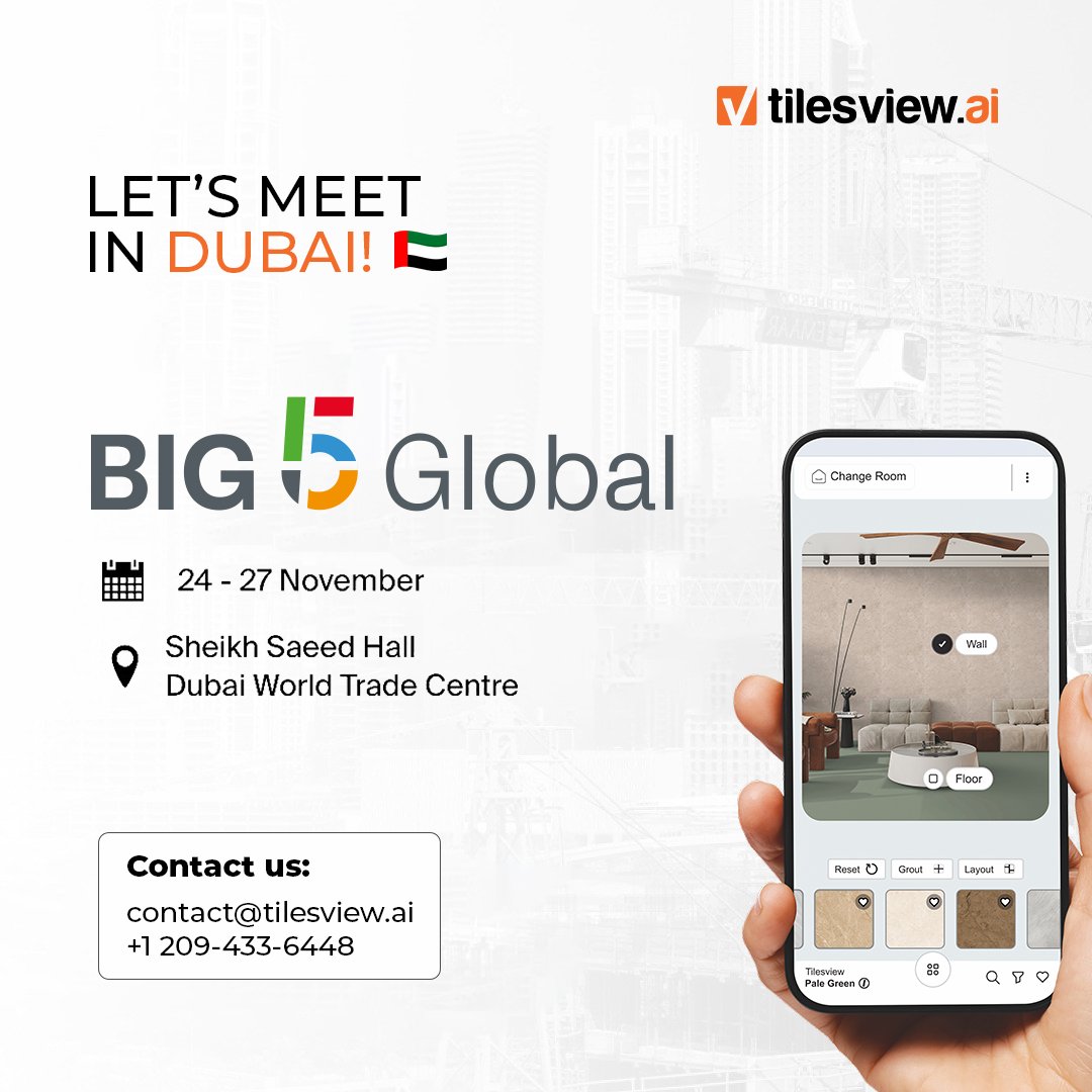 TilesVisualizer's tweet image. Tilesview.ai is heading to Big 5 Global – Dubai!

 📍  Dubai World Trade Centre
 📅 24–27 Nov
 
For meetings &amp;amp; inquiries:
 📧 contact@tilesview.ai
 📞 +1 209-433-6448

#Big5Global #DubaiExpo #DWTC #ConstructionTech #AIDriven #VisualizationTechnology #TilesIndustry