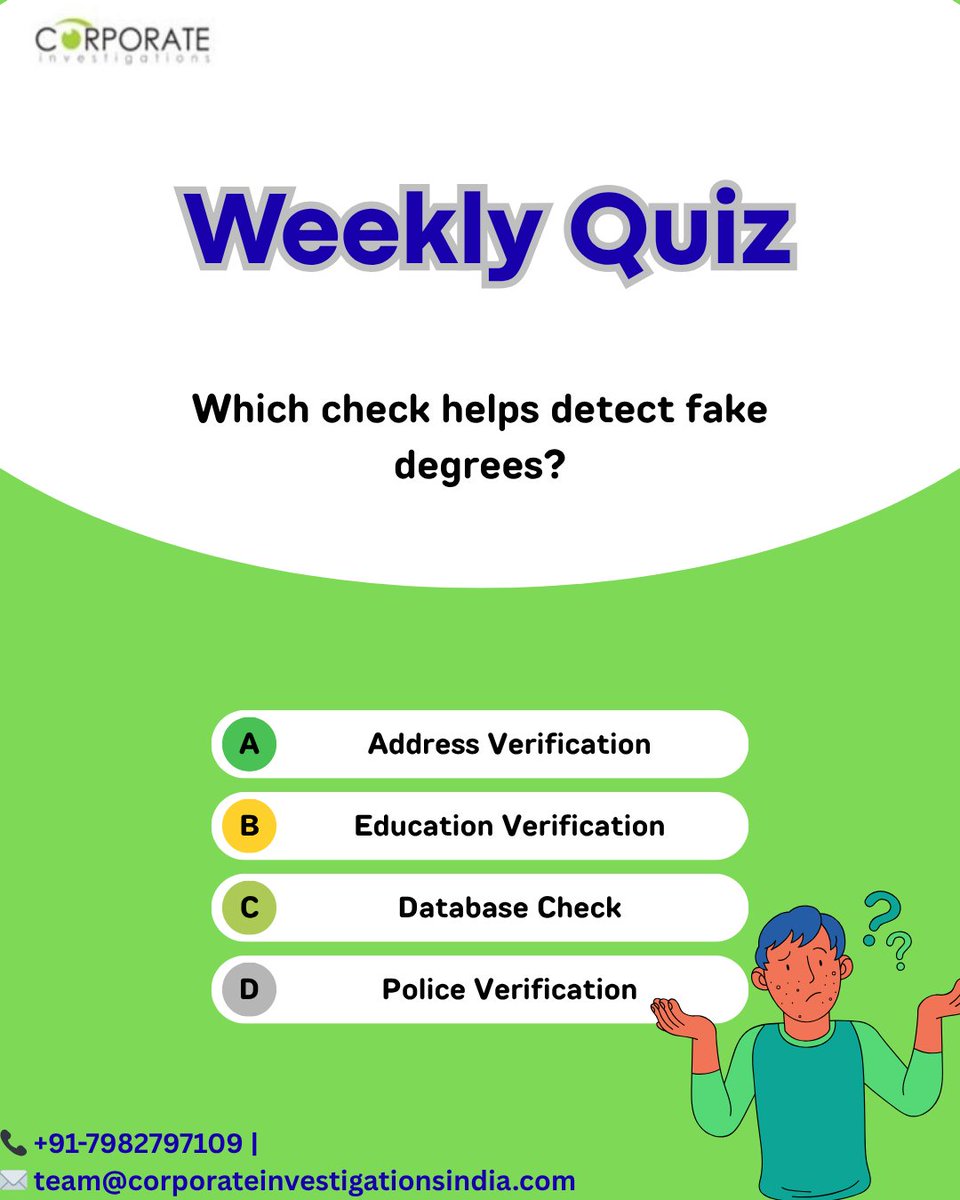 CorporateInve10's tweet image. Ensuring authentic qualifications is essential for safe hiring.

Which verification helps identify fake degrees?

#EducationVerification #BackgroundVerification

#FakeDegreeCheck #EmploymentScreening #HRCompliance

#SafeHiring #CorporateInvestigationsIndia #RiskManagement