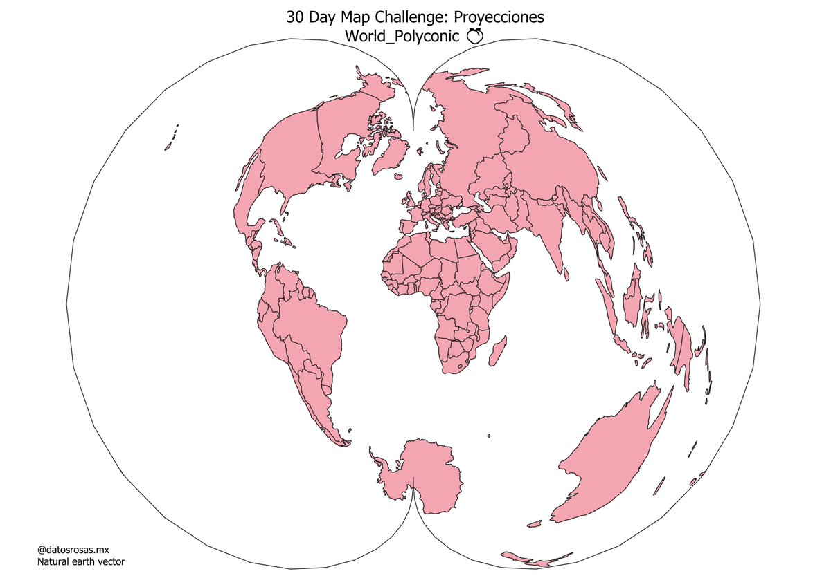Si la tierra fuera plana tendría estas curvas? 🫦
Hoy toca jugar con proyecciones para el #30DayMapChallenge La proyección policónica distorsiona el plano conforme nos alejamos del meridiano central. El Ecuador también es una línea recta y perpendicular al meridiano.
