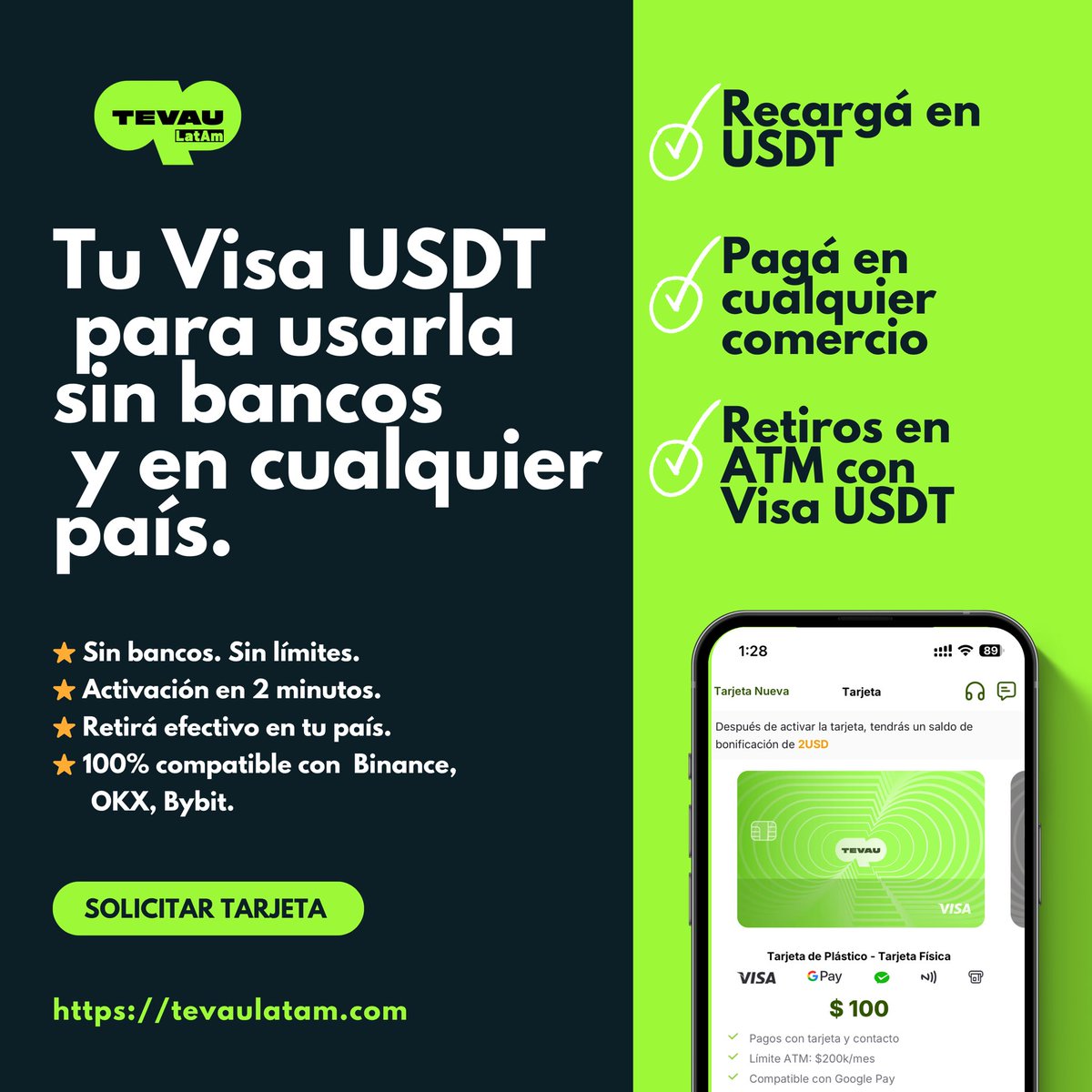 TevauLatin's tweet photo. Retirá dinero en efectivo en cajeros (ATM) usando tu USDT.
Tu Visa TEVAU funciona en cualquier país.
Compatible con Binance, OKX y Bybit.
✔️ Rápido
✔️ Seguro
✔️ Global
👉 https://t.co/yppuM0N0vu https://t.co/Qe6FvN1Qxu