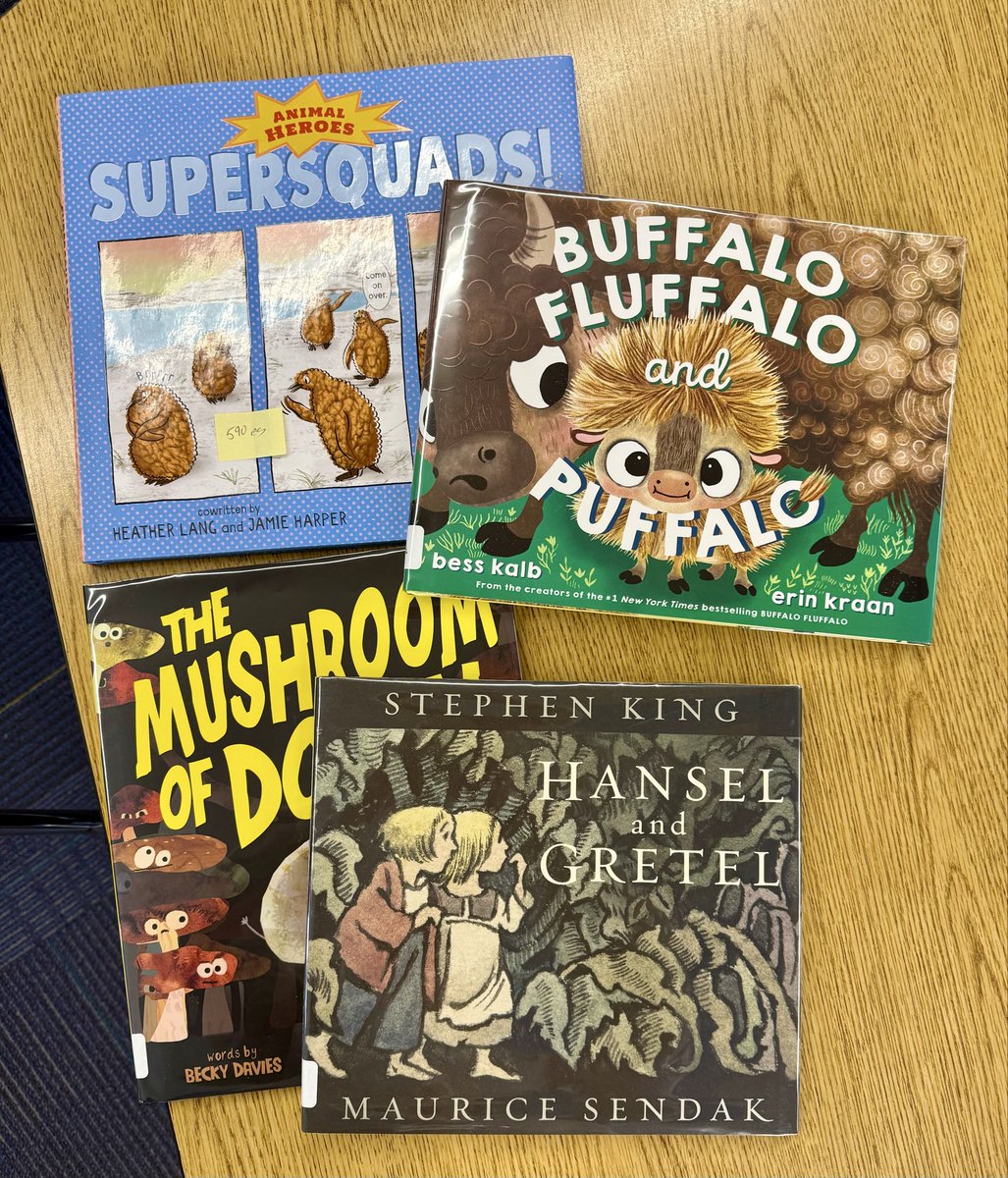 LoriTecler's tweet image. Today’s Silent Book Club book stack, a little after the fact. We had 35 kids from grades 3-5 today across 3 sessions. Didn’t get through all the books, but laughed my way through THE MUSHROOM OF DOOM. #SchoolLibrary  #kidlit