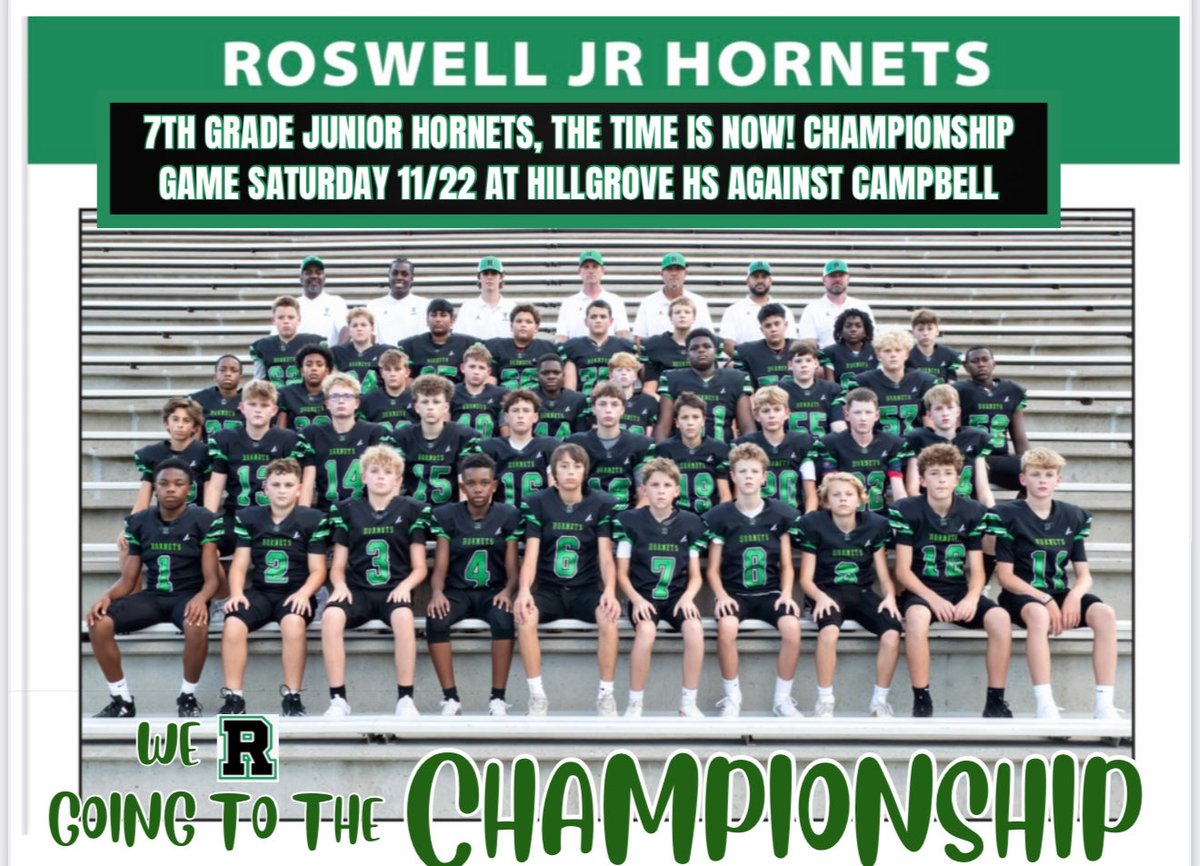 Jr_Hornets's tweet image. Come out and support the 7th Grade Jr. Hornets this Saturday at 7pm.  Game will be played at Hillgrove HS.
@CoachThompson05 @GetEm_Brooks @Coach_Watters @Roswell_FB @roswellsports