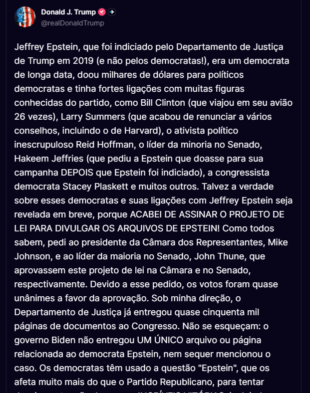 Jeffrey Epstein, que foi indiciado pelo Departamento de Justiça de Trump em 2019 (e não pelos democratas!), era um democrata de longa data, doou milhares de dólares para políticos democratas e tinha fortes ligações com muitas figuras conhecidas do partido, como Bill Clinton (que