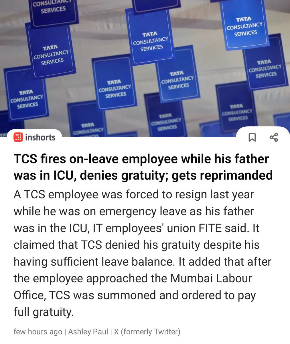 TCS forced an employee to resign while his father was fighting for life in the ICU, then denied him his rightful gratuity, despite sufficient leave balance.

Only after the Mumbai Labour Office stepped in did TCS get ordered to pay.

If this is how India’s biggest IT firms treat