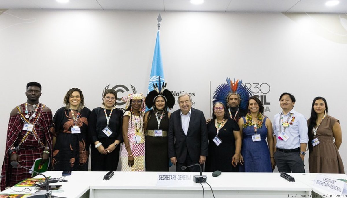 antonioguterres's tweet photo. As long-standing guardians of the natural world, Indigenous peoples are uniquely placed to show us the way toward decisive climate action.

At #COP30, I thanked representatives from Indigenous communities worldwide for their leadership. https://t.co/oZJfpI1H5x