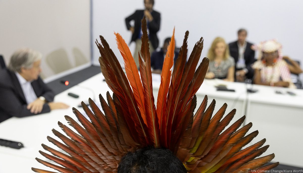 antonioguterres's tweet photo. As long-standing guardians of the natural world, Indigenous peoples are uniquely placed to show us the way toward decisive climate action.

At #COP30, I thanked representatives from Indigenous communities worldwide for their leadership. https://t.co/oZJfpI1H5x