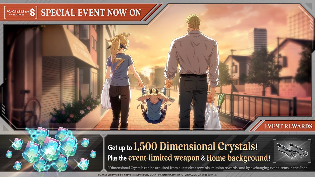 kj8_TheGame_EN's tweet image. ◤ 　 　　 #KaijuNo8THEGAME
  Special Event [Time of Radiant Splendor] 
　　　　　　Now Available! 　　　　　    ◢

The new Special Event featuring Hikari Shinomiya and young Isao Shinomiya is now available!

In this event, you can earn:
・Up to 1,500 Dimensional Crystals
・A…